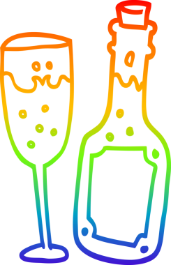 Karikatür çizen şampanya şişesi ve bir insan tarafından çizilmiş cam.