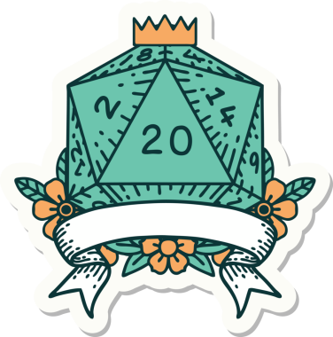 Bir insan tarafından çizilmiş 20 kritik vuruşluk D20 zar etiketi.