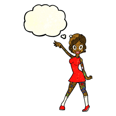 Bir insan tarafından çizilmiş düşünce baloncuklu dövmeli bir karikatür kadın.