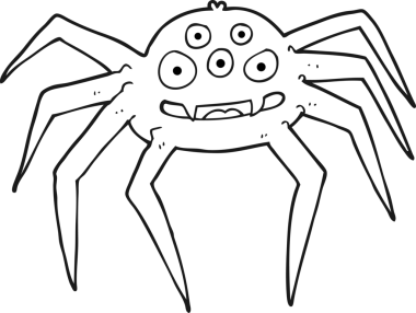 Bir insan tarafından çizilmiş siyah beyaz çizgi film örümceği.