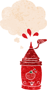 Düşünce baloncuklu ketçap şişesi grunge sıkıntılı retro dokuma tarzı bir insan tarafından çizilmiş