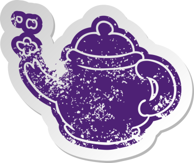 Bir insan tarafından çizilmiş mavi çay demliğinin sıkıntılı eski çizgi film etiketi.