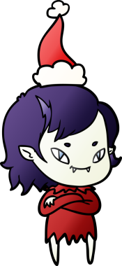 Bir insan tarafından çizilmiş Noel Baba şapkası giymiş arkadaş canlısı bir vampir kızın el çizimi karikatürü.