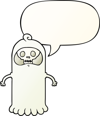 Bir insan tarafından çizilmiş düzgün eğimli konuşma baloncuğu olan tuhaf kafataslı çizgi film hayaleti.