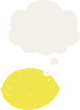 Düşünce baloncuklu karikatür limonu insan tarafından çizilmiş.