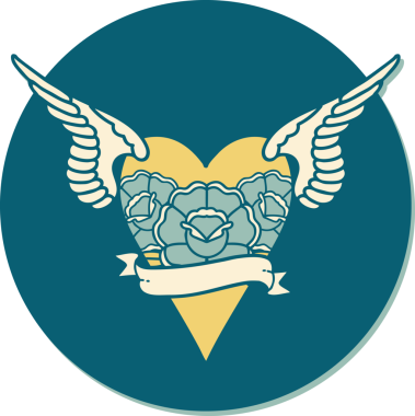 Geleneksel bir kalp stili olan dövme çıkartması. Kanatları ve pankartı bir insan tarafından çizilmiş.