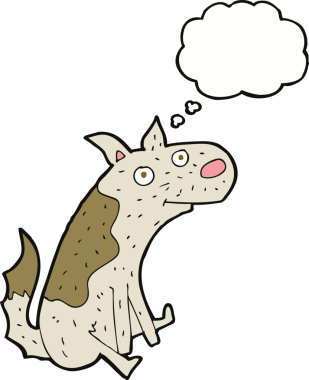 Bir insan tarafından çizilmiş düşünce baloncuğu ile oturan bir köpek.