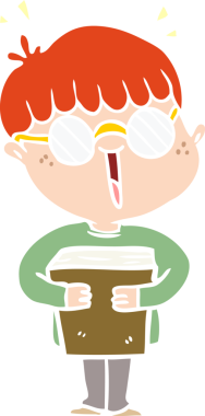 Düz renkli çizgi film karakteri ve bir insan tarafından çizilmiş kitap.