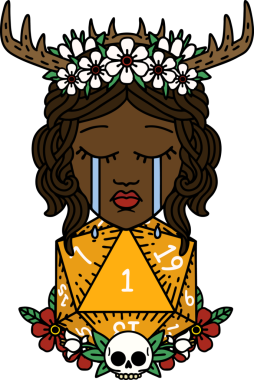 Retro Dövme Tarzı Ağlayan İnsan Druid Bir insan tarafından çizilmiş doğal bir D20 ruloyla