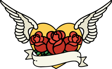 Geleneksel bir kalp dövmesi. Çiçekler ve bir insan tarafından çizilmiş bayrak.