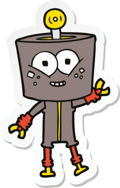 Bir insan tarafından çizilmiş mutlu çizgi film robotunun çıkartması.