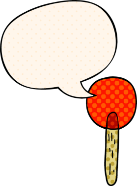 Bir insan tarafından çizilmiş çizgi roman tarzında konuşma balonu olan çizgi film şekerleme lolipopu.