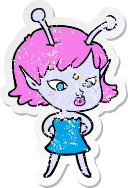 Bir insan tarafından çizilmiş güzel uzaylı bir kızın sıkıntılı çıkartması.