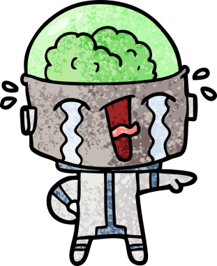 Bir insan tarafından çizilmiş ağlayan robot çizgi film.