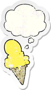 Düşünce baloncuklu çizgi film dondurması insan tarafından çizilmiş yıpranmış bir çıkartma gibi.