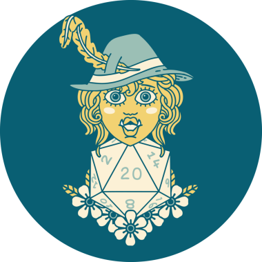 Retro Dövme Biçimi Yarı Ork Ozanı Bir insan tarafından çizilmiş 20 zar ile