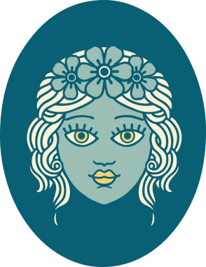 İkonik dövme stili. Bir insan tarafından çizilmiş çiçek tacıyla bir bakire resmi.