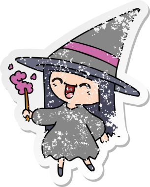 Bir insan tarafından çizilmiş sevimli kawai cadısının serbest çizilmiş çıkartması.