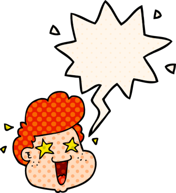 Çizgi roman tarzında bir insan tarafından çizilmiş konuşma balonlu çizgi film çocuğunun yüzü.