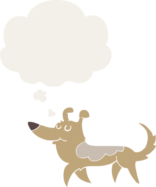 Düşünce baloncuğu olan bir insan tarafından çizilmiş çizgi film köpeği.