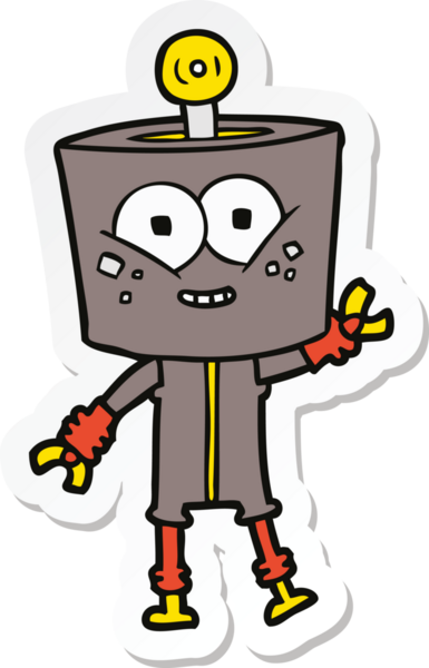 Bir insan tarafından çizilmiş mutlu çizgi film robotunun çıkartması.