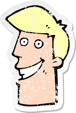 Bir insan tarafından çizilmiş sırıtan bir çizgi film karakterinin kederli retro yapıştırması.