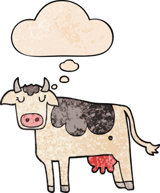 Bir insan tarafından çizilmiş grunge desenli düşünce baloncuklu çizgi film ineği.