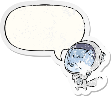 çizgi film kedisi astronot hayvanlar konuşma baloncuğu ile sıkıntılı eski bir çıkartma bir insan tarafından çizildi