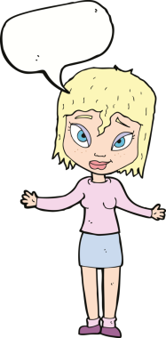 Bir insan tarafından çizilmiş konuşma baloncuğuyla omuz silken çizgi film kadını.