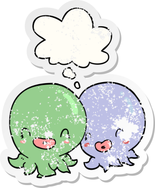 Düşünce baloncuklu iki ahtapot insan tarafından çizilmiş yıpranmış bir çıkartma.