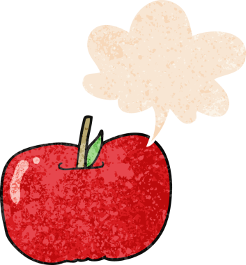 grunge ile konuşma balonu ile çizgi film elma sıkıntılı retro stil bir insan tarafından çizilmiş