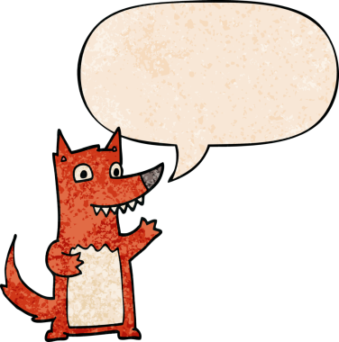 Konuşma baloncuğu olan bir karikatür kurdu insan tarafından çizilmiş.