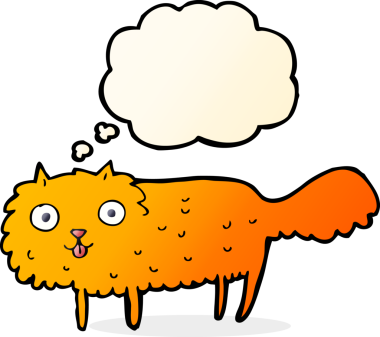 Bir insan tarafından çizilmiş düşünce baloncuklu tüylü kedi çizgi filmi.