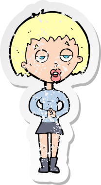 İnsan tarafından çizilmiş, sıkıntılı, karikatürden sıkılmış bir kadının retro yapıştırması.