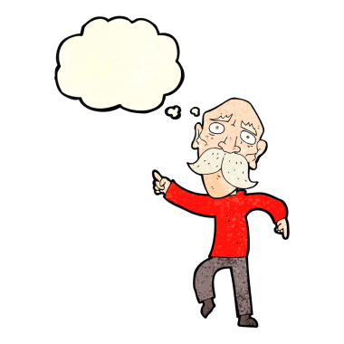 Karikatür üzgün yaşlı adam bir insan tarafından çizilmiş düşünce balonuyla işaret ediyor.