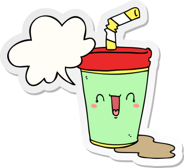 Bir insan tarafından çizilmiş konuşma kabarcığı çıkartmalı tatlı bir karikatür soda.