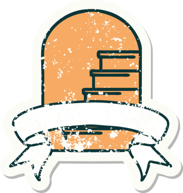 Bir insan tarafından çizilmiş basamaklara açılan kapı armalı eski bir etiket.