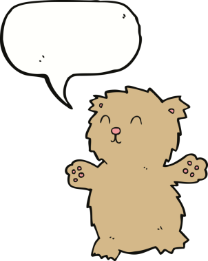 Bir insan tarafından çizilmiş konuşma balonlu oyuncak ayı.