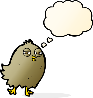 Bir insan tarafından çizilmiş düşünce baloncuklu komik çizgi film kuşu.