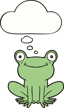 Bir insan tarafından çizilmiş düşünce baloncuklu karikatür kurbağası