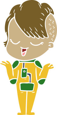 Bir insan tarafından çizilmiş uzay elbisesi içindeki mutlu düz renkli çizgi film kızı.