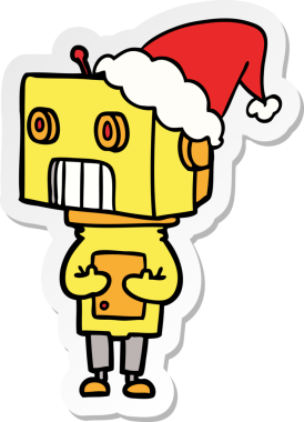 Bir insan tarafından çizilmiş Noel Baba şapkası giyen bir robotun el çizimi karikatürü.
