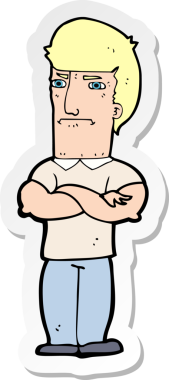 Çizgi film çıkartması. Bir insan tarafından çizilmiş kolları olan rahatsız bir adam.