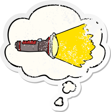 Düşünce baloncuklu karikatür elektrikli meşale. Bir insan tarafından çizilmiş yıpranmış bir çıkartma.