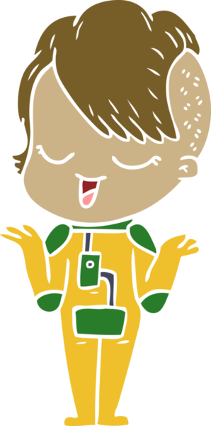 Bir insan tarafından çizilmiş uzay elbisesi içindeki mutlu düz renkli çizgi film kızı.