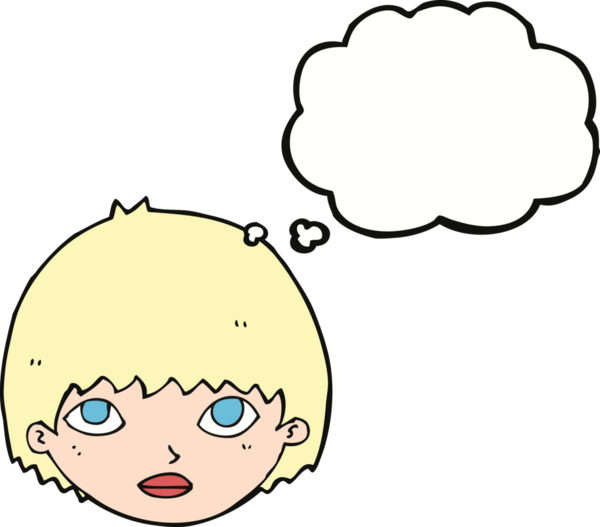 Bir insan tarafından çizilmiş düşünce balonuyla bakan çizgi film kızı.