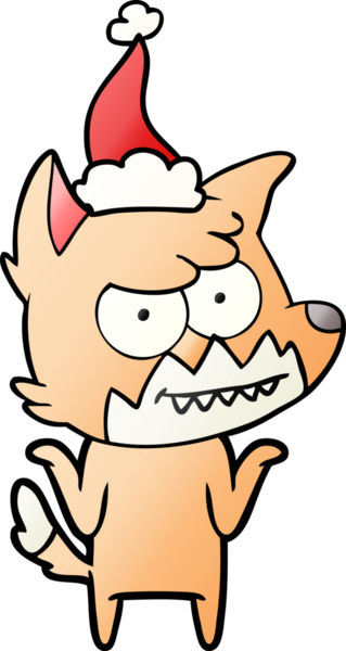 Bir insan tarafından çizilmiş Noel Baba şapkası giymiş sırıtan bir tilkinin el çizimi çizgi filmi.