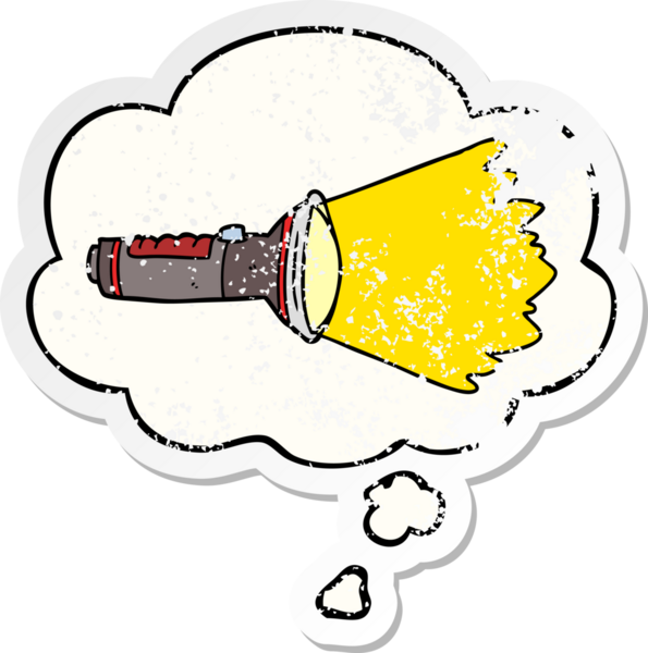 Düşünce baloncuklu karikatür elektrikli meşale. Bir insan tarafından çizilmiş yıpranmış bir çıkartma.