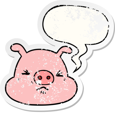 Konuşan kızgın domuz suratlı çizgi film karakteri, bir insan tarafından çizilmiş sıkıntılı eski bir çıkartma.