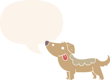 Konuşma baloncuğu olan bir insan tarafından çizilmiş bir çizgi film köpeği.